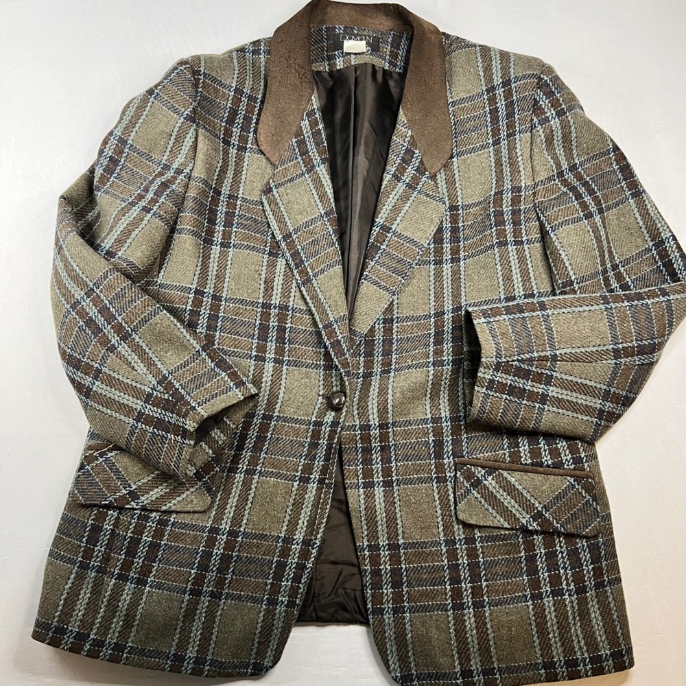 Vintage David N Petites Womens Brown Teal Plaid Blazer | Size 12P | Office